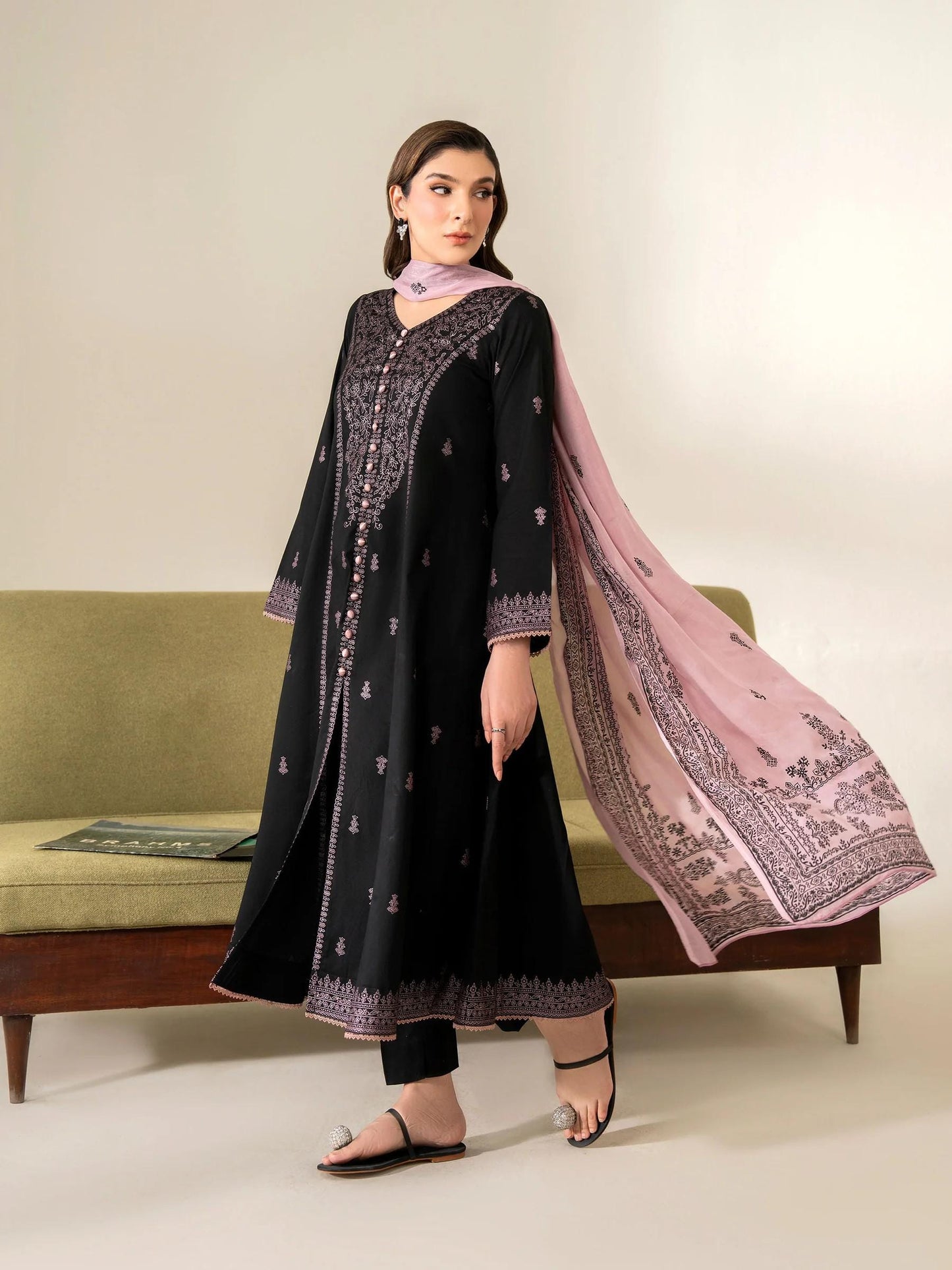 3 Piece Screen Printed Black Frock Suit