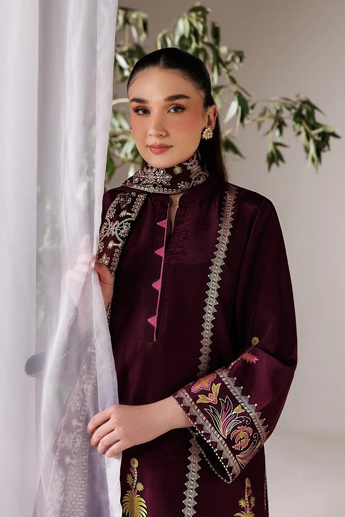 3 Piece Screen Printed Summer Silk Suit - Maroon