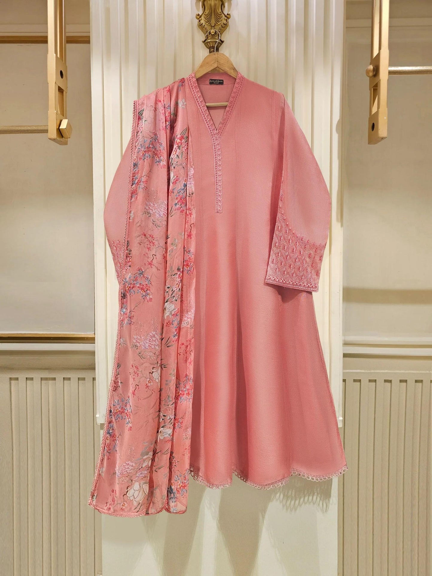 3 Piece Agha Noor Embroidered Cotton Net Suit with Printed Chiffon Dupatta
