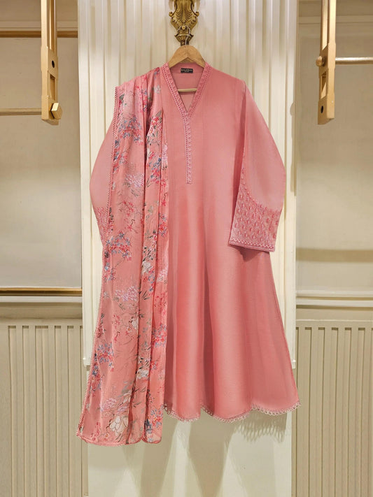 3 Piece Agha Noor Embroidered Cotton Net Suit with Printed Chiffon Dupatta
