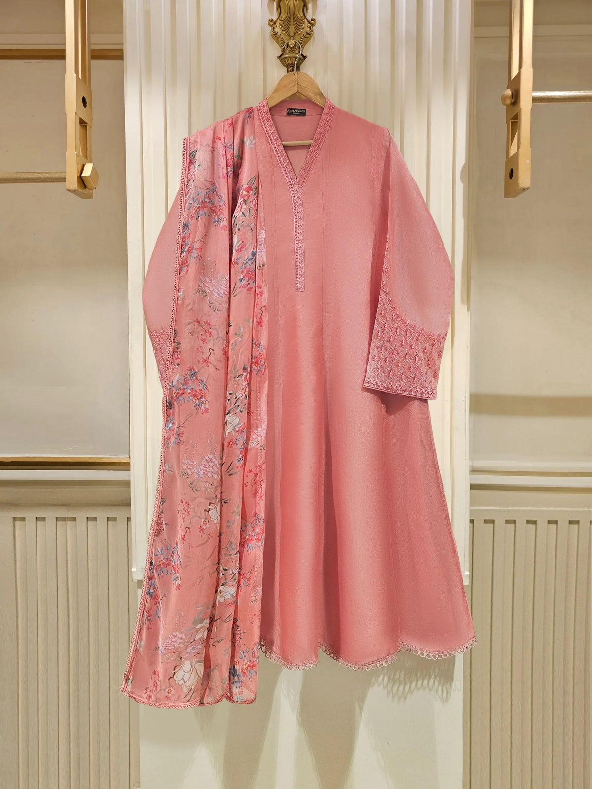 Agha Noor Embroidered Cotton Net Suit with Printed Chiffon Dupatta - 3 Piece