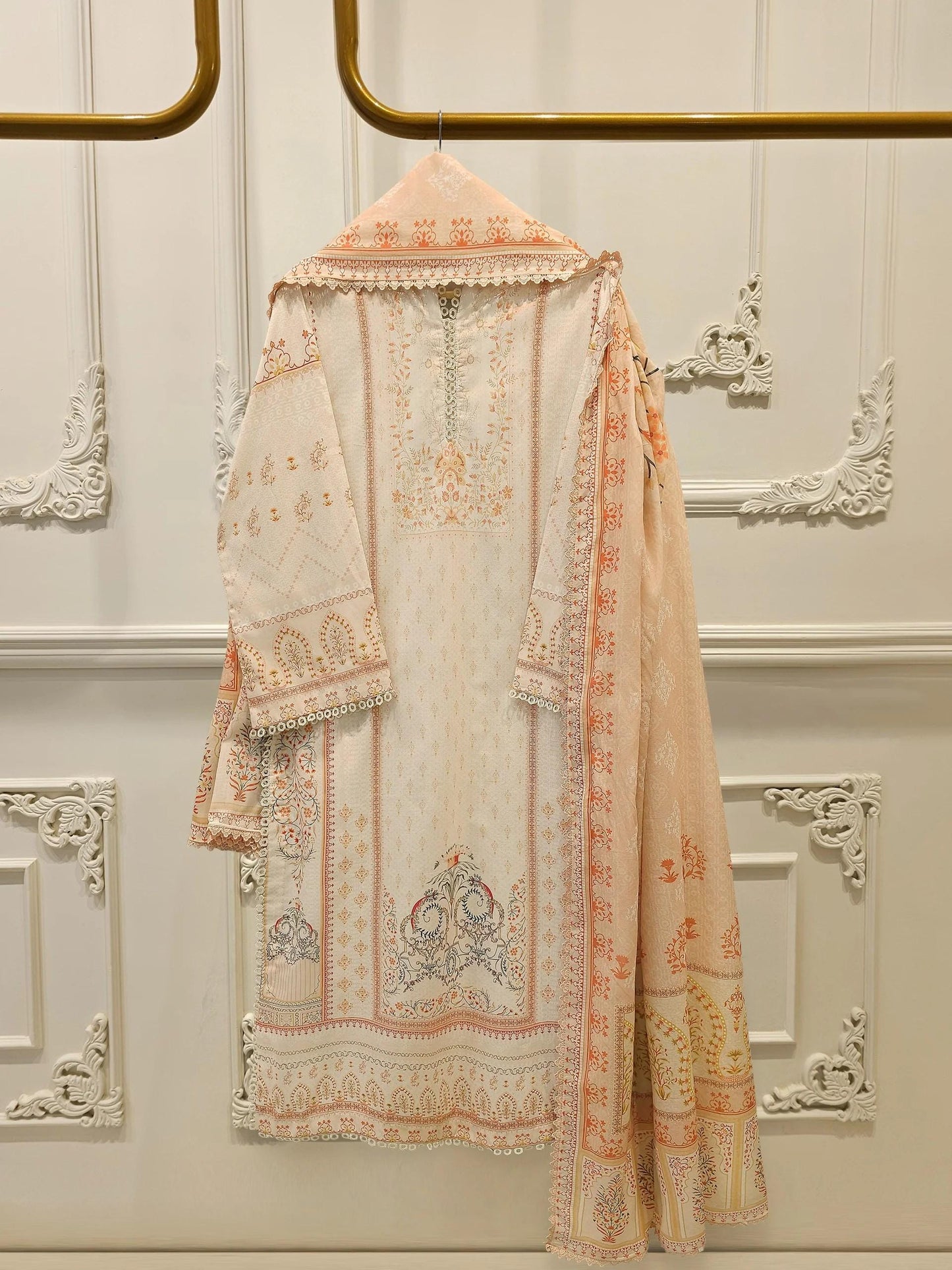 3 Piece Agha Noor - Printed Cambric Summer Suit - Peach