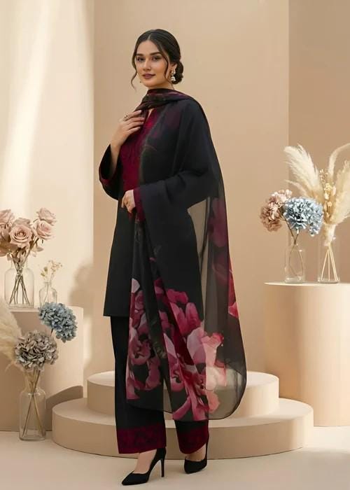 3 Piece Cambric Kurta Set - Printed Chiffon Dupatta