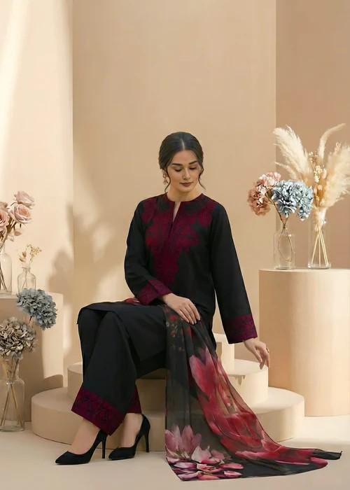 3 Piece Cambric Kurta Set - Printed Chiffon Dupatta