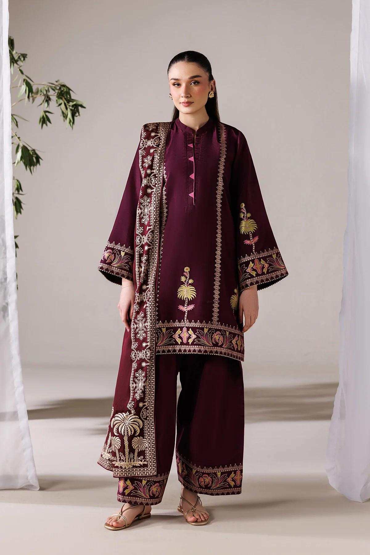 3 Piece Screen Printed Summer Silk Suit - Maroon