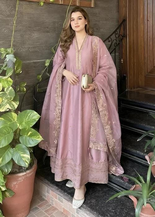 3 Piece Embroidered Silk Maxi Dress - Lilac