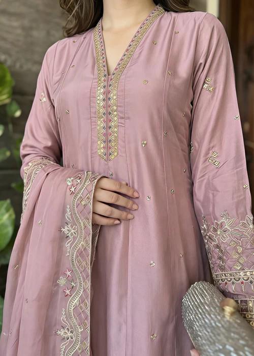3 Piece Embroidered Silk Maxi Dress - Lilac