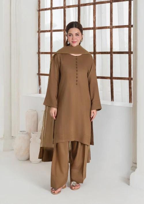 Viscose Raw Silk Farshi Shalwar Suit - Light Brown - 3 Piece - Organza Dupatta