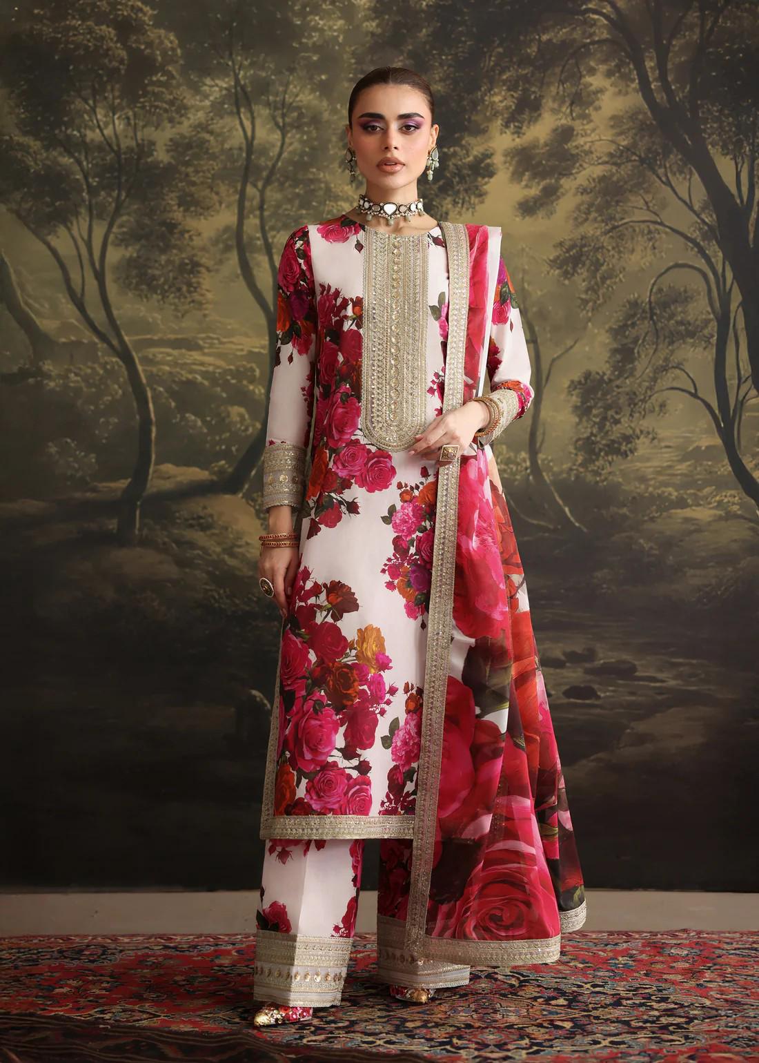 Embroidered Lawn Suit: Palazzo Pants & Organza Dupatta - 3 Piece