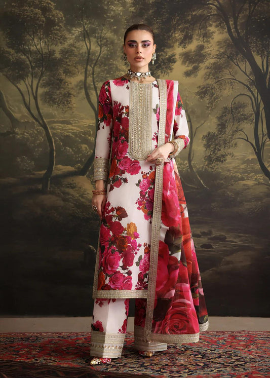 Embroidered Lawn Suit: Palazzo Pants & Organza Dupatta - 3 Piece