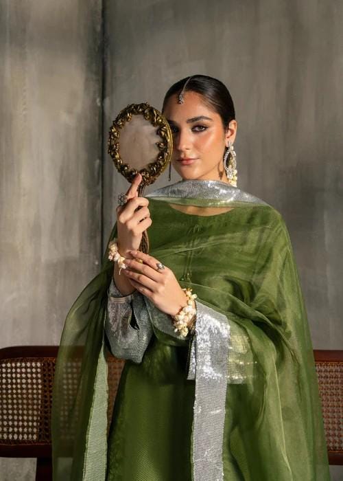 Viscose Raw Silk Farshi Shalwar with Organza Dupatta - Olive Green
