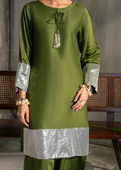 Viscose Raw Silk Farshi Shalwar with Organza Dupatta - Olive Green