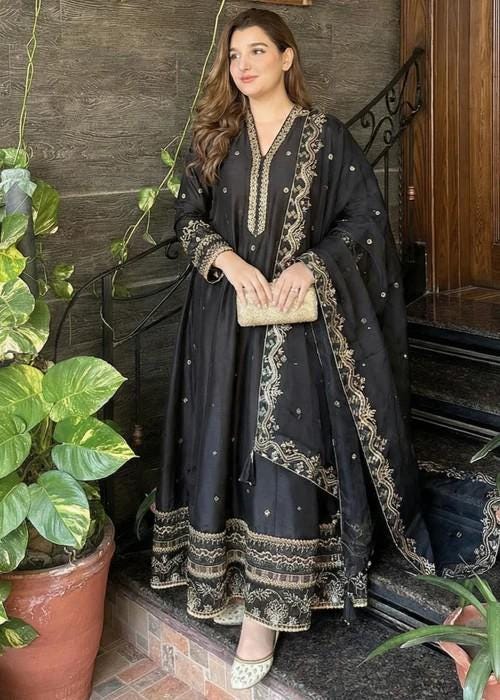 3 Piece Embroidered Silk Maxi Dress - Black