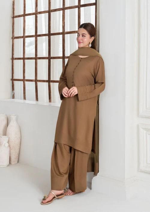 Viscose Raw Silk Farshi Shalwar Suit - Light Brown - 3 Piece - Organza Dupatta
