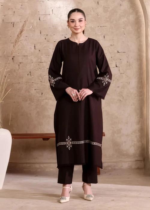2 Piece Embroidered Linen Suit - Coffee Brown