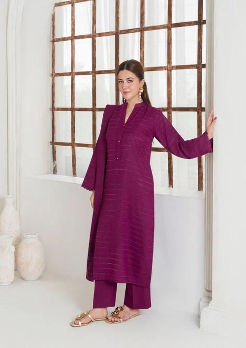 3 Piece Dhanak and Velvet Long Kurta Suit - Magenta Haze