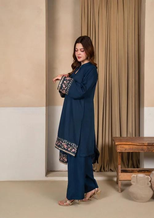 3 Piece Viscose Raw Silk Farshi Shalwar Suit - Prussian Blue - Chiffon Dupatta