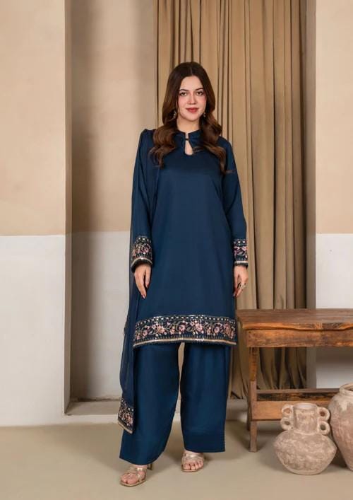 3 Piece Viscose Raw Silk Farshi Shalwar Suit - Prussian Blue - Chiffon Dupatta