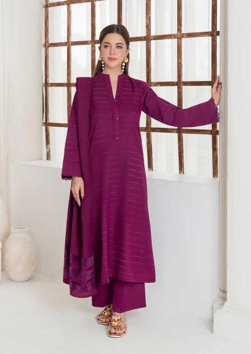 3 Piece Dhanak and Velvet Long Kurta Suit - Magenta Haze