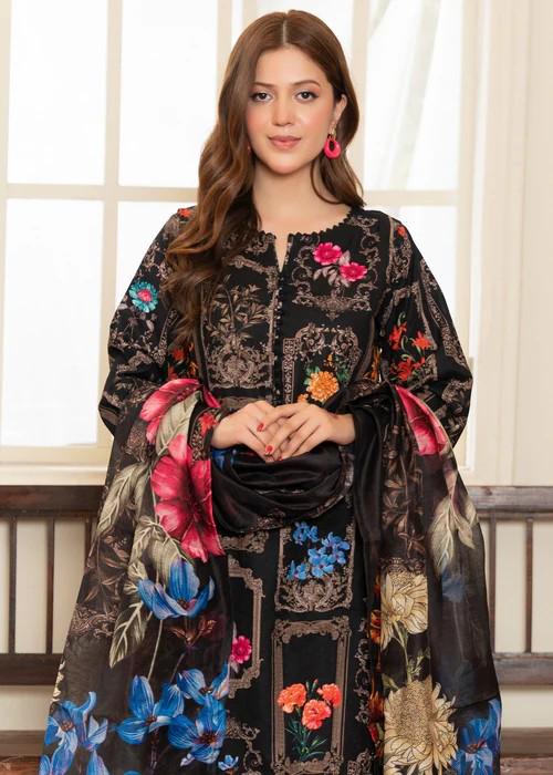 3 Piece Printed Textured Lawn Suit - Black