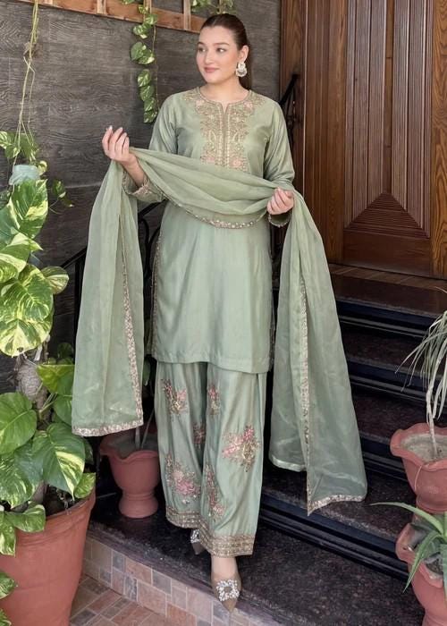 Embroidered Silk Farshi Shalwar Suit with Organza Dupatta - 3 Piece - Pastel Green