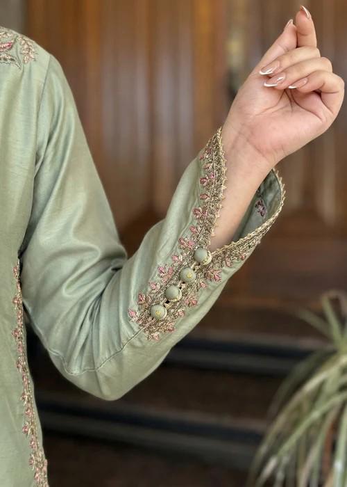 Embroidered Silk Farshi Shalwar Suit with Organza Dupatta - 3 Piece - Pastel Green