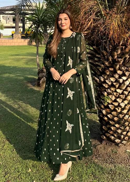 Embroidered Chiffon Anarkali Maxi Dress - Bottle Green - 3- Piece