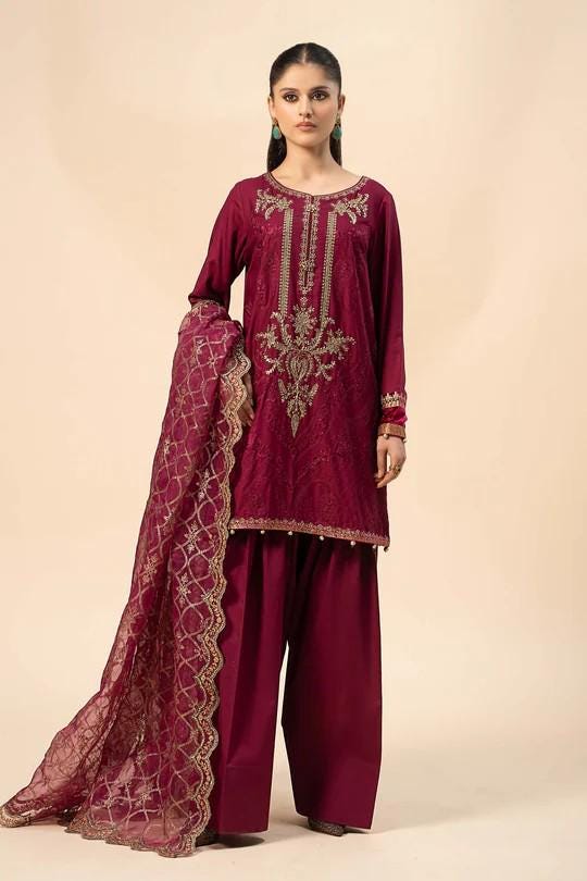 Maria.B - Farshi Shalwar 3 Piece Embroidered Linen Suit - Maroon