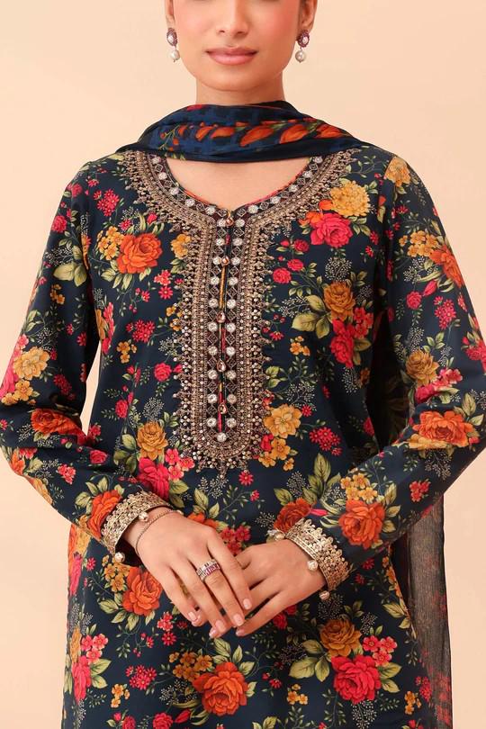 Maria.B - 3 Piece Embroidered Lawn Suit Farshi Shalwar - Chiffon Dupatta - Teal