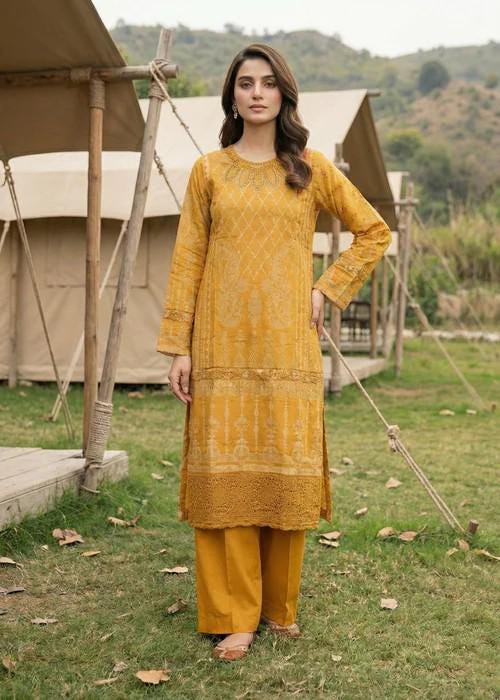 3 Piece Embroidered Jacquard Kurta Suit: Mustard