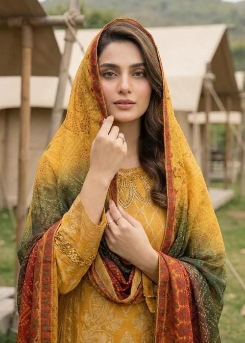 3 Piece Embroidered Jacquard Kurta Suit: Mustard