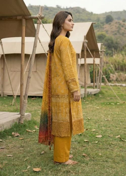 3 Piece Embroidered Jacquard Kurta Suit: Mustard