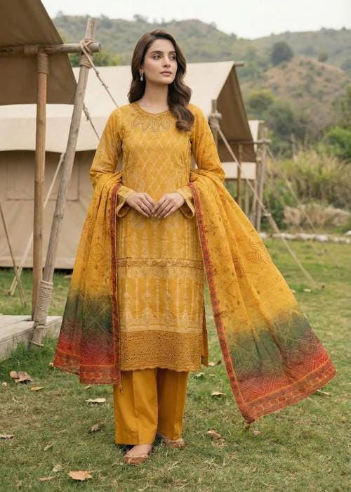 3 Piece Embroidered Jacquard Kurta Suit: Mustard