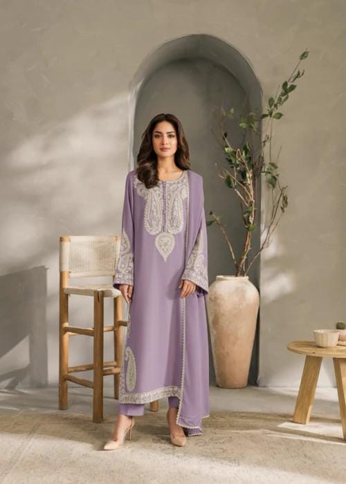 3 Piece Embroidered Linen Long Kurta and Pants Suit - Lilac