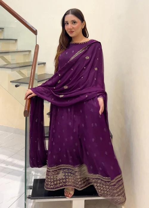 3 Piece Embroidered Chiffon Dress - Plum Color