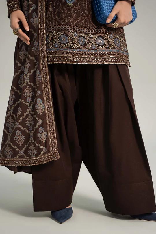 Maria.B - Farshi Shalwar Suit - 3 Piece Embroidered Khaddar  (Medium, Large) - Brown