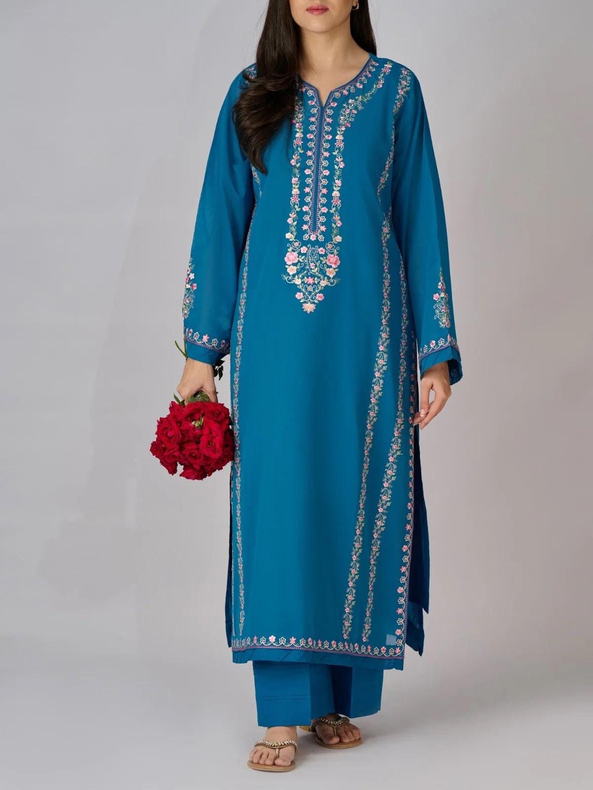 Aghanoor 2 piece - Embroidered Swiss Voile Suit (Size - M, L) - Teal Blue Shalwar Kameez
