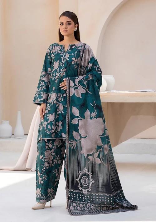 3 piece - Printed Soft Khaddar Suit - Bottle Green