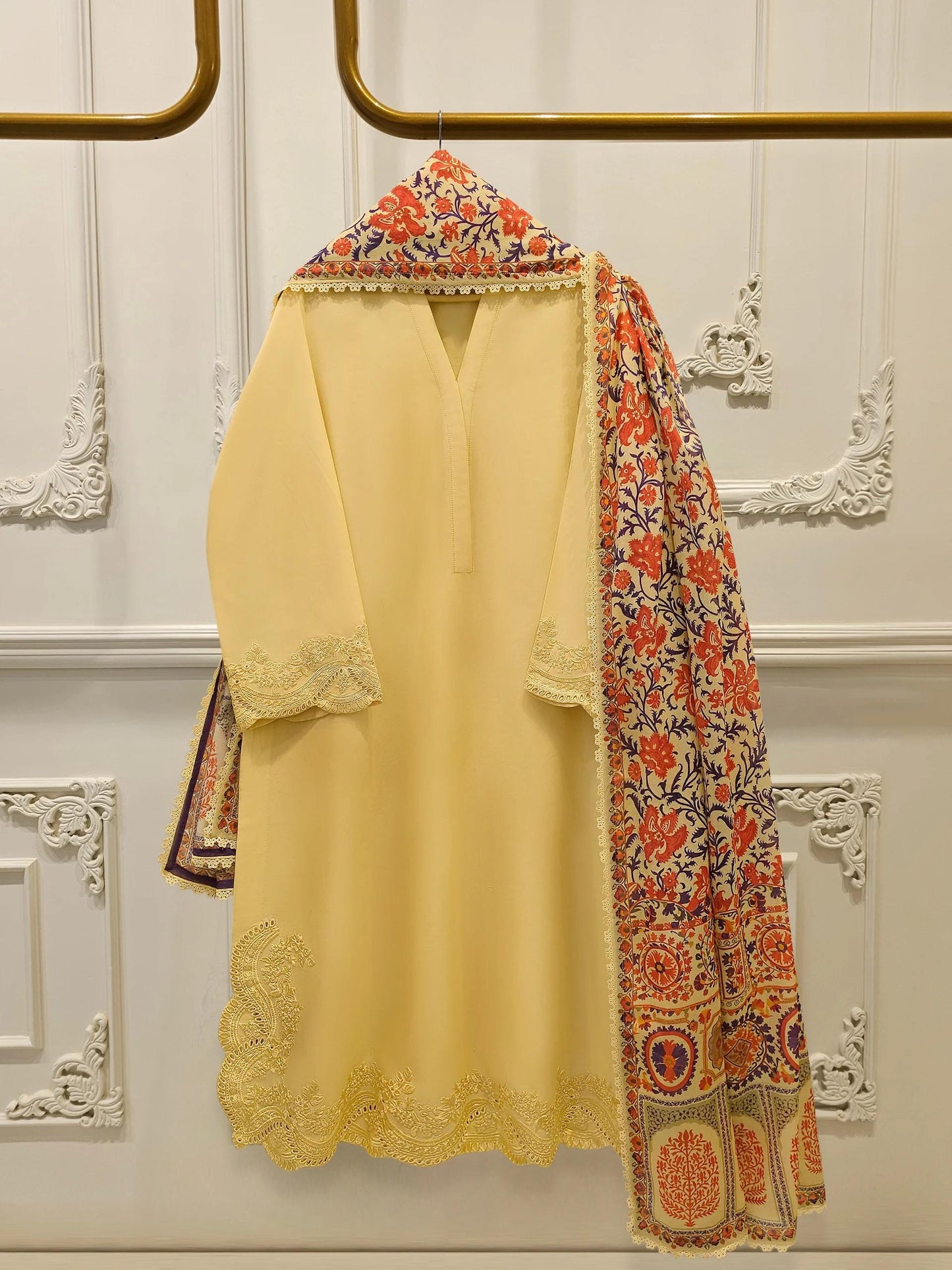 Agha Noor 3 Piece Pure Embroidered Cambric Suit - Yellow