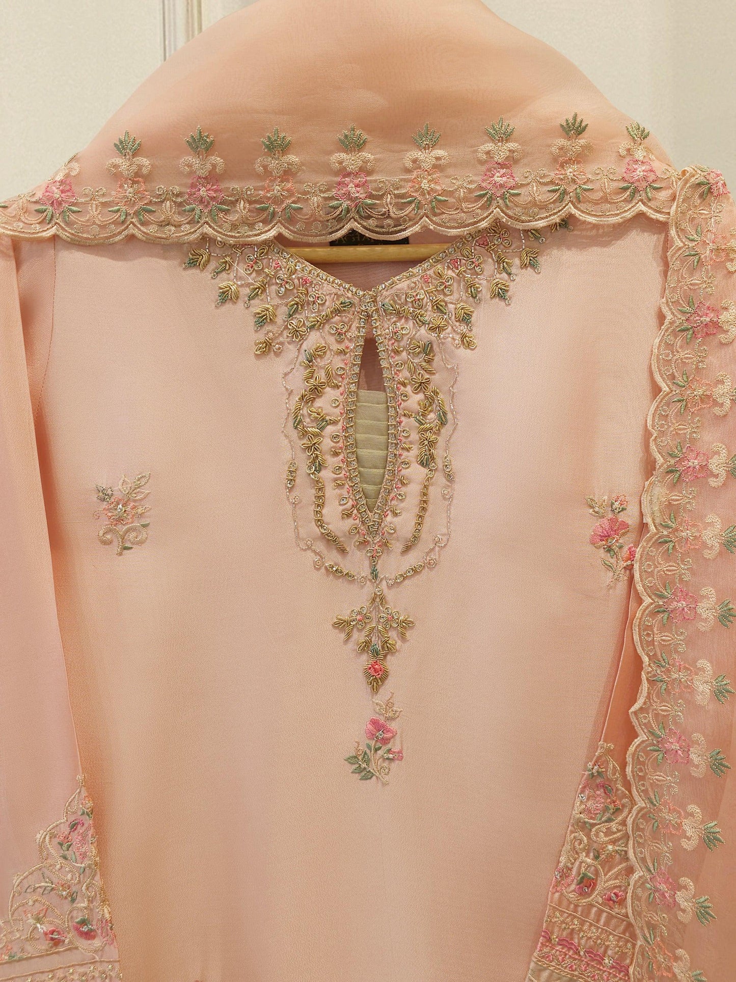 Agha Noor - 3 Piece - Pure Sheesha Silk Embroidered Suit - Peach