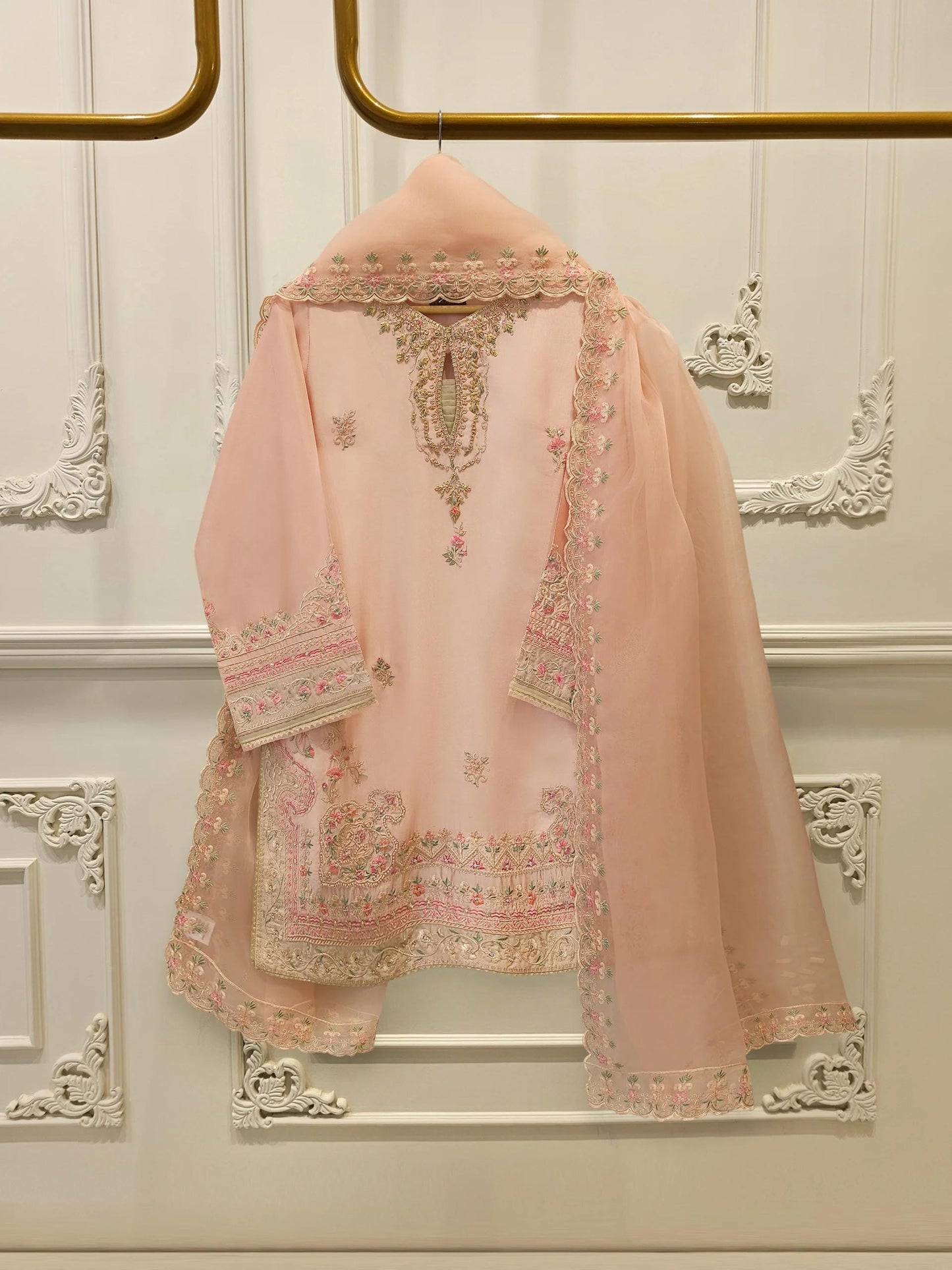 Agha Noor - 3 Piece - Pure Sheesha Silk Embroidered Suit - Peach