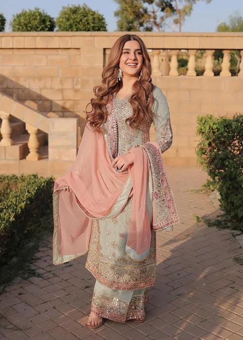 Heavily Embroidered Party Wear Chiffon Long Kurta Suit - 4 Piece (with Potli bag)