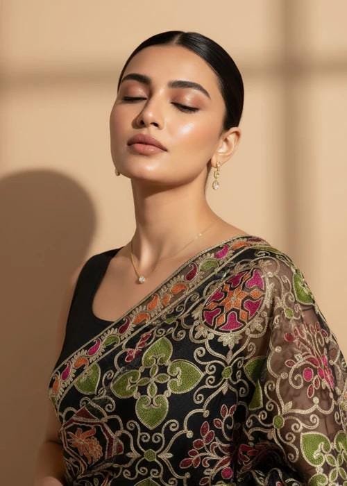Heavily Embroidered Organza Tissue Silk Dupatta - Green Vine