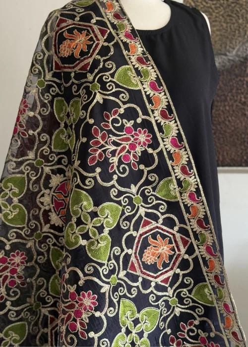Heavily Embroidered Organza Tissue Silk Dupatta - Green Vine