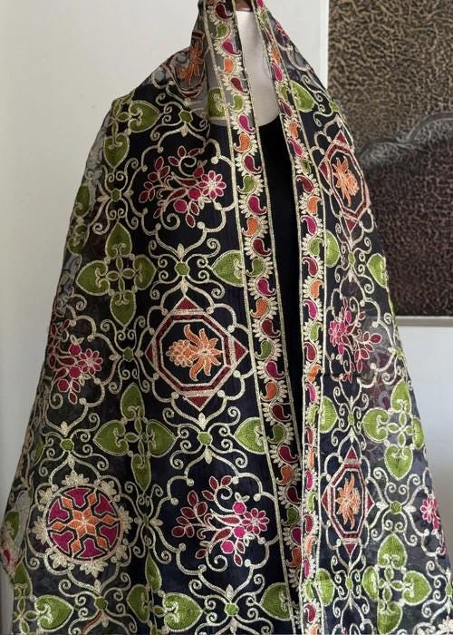 Heavily Embroidered Organza Tissue Silk Dupatta - Green Vine