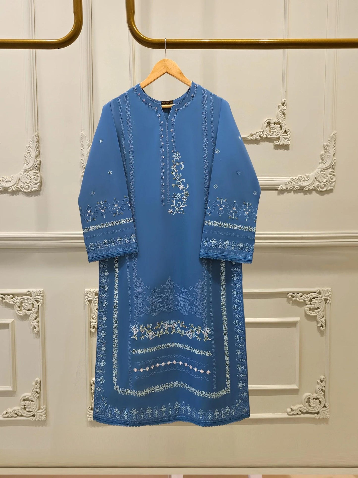 Aghanoor 2 piece - Pure Embroidered Lawn Suit - Blue -  India Pakistan Bangladesh Shalwar Kameez