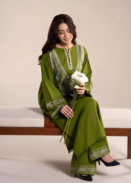 2 Piece Embroidered Linen Suit - Olive Green