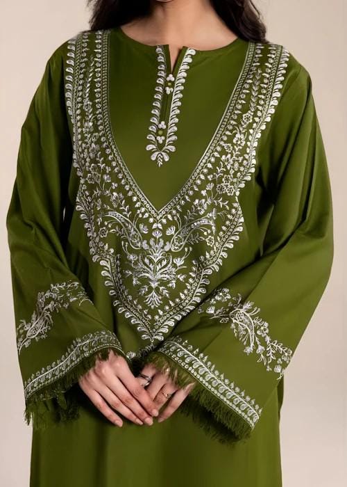 2 Piece Embroidered Linen Suit - Olive Green