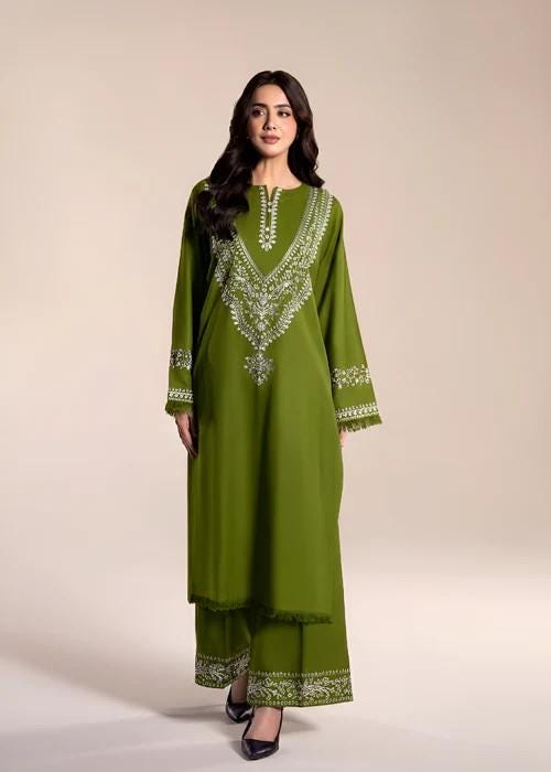 2 Piece Embroidered Linen Suit - Olive Green