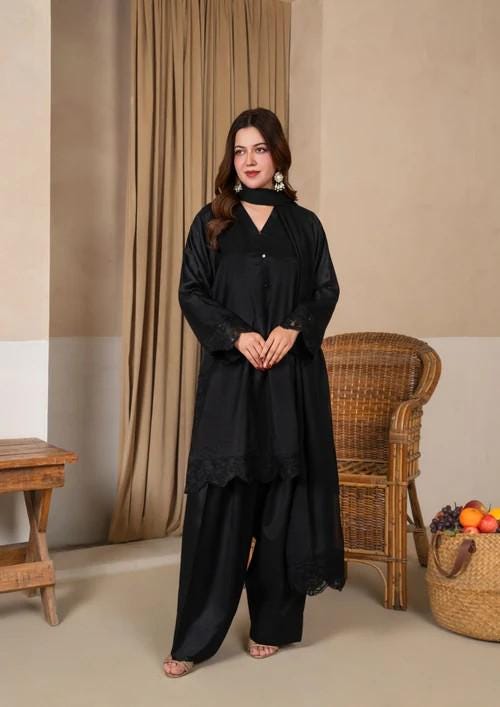 Embroidered Viscose Raw Silk Farshi Shalwar with Chiffon Dupatta - Black